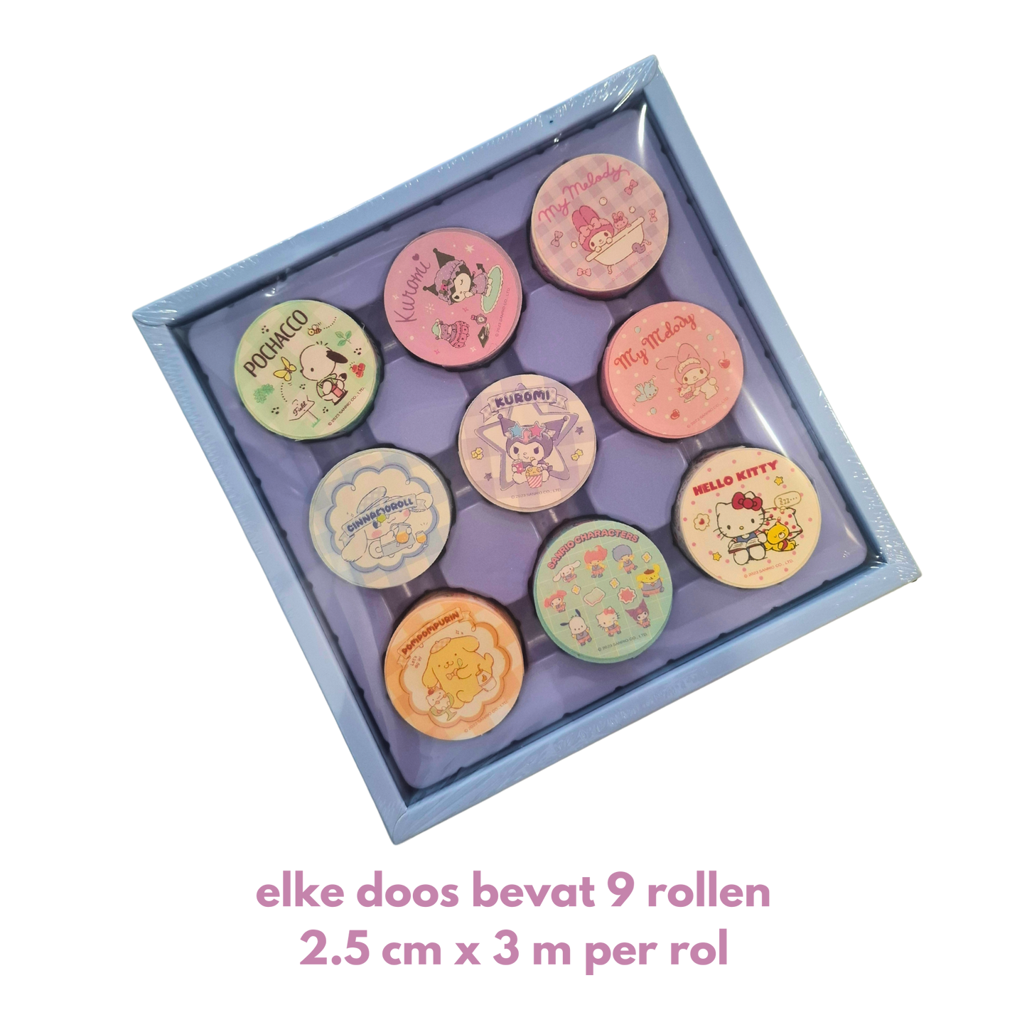 Sanrio - Washi Tape Cadeauset (Blauw)– 9 Rollen – Youth Academy - Hello Kitty, Kuromi, My Melody, Cinnamoroll, Pompompurin, Pochacco, Little Twin Stars, Officiële Gelicenseerde Set – Perfect voor Journaling & Knutselen