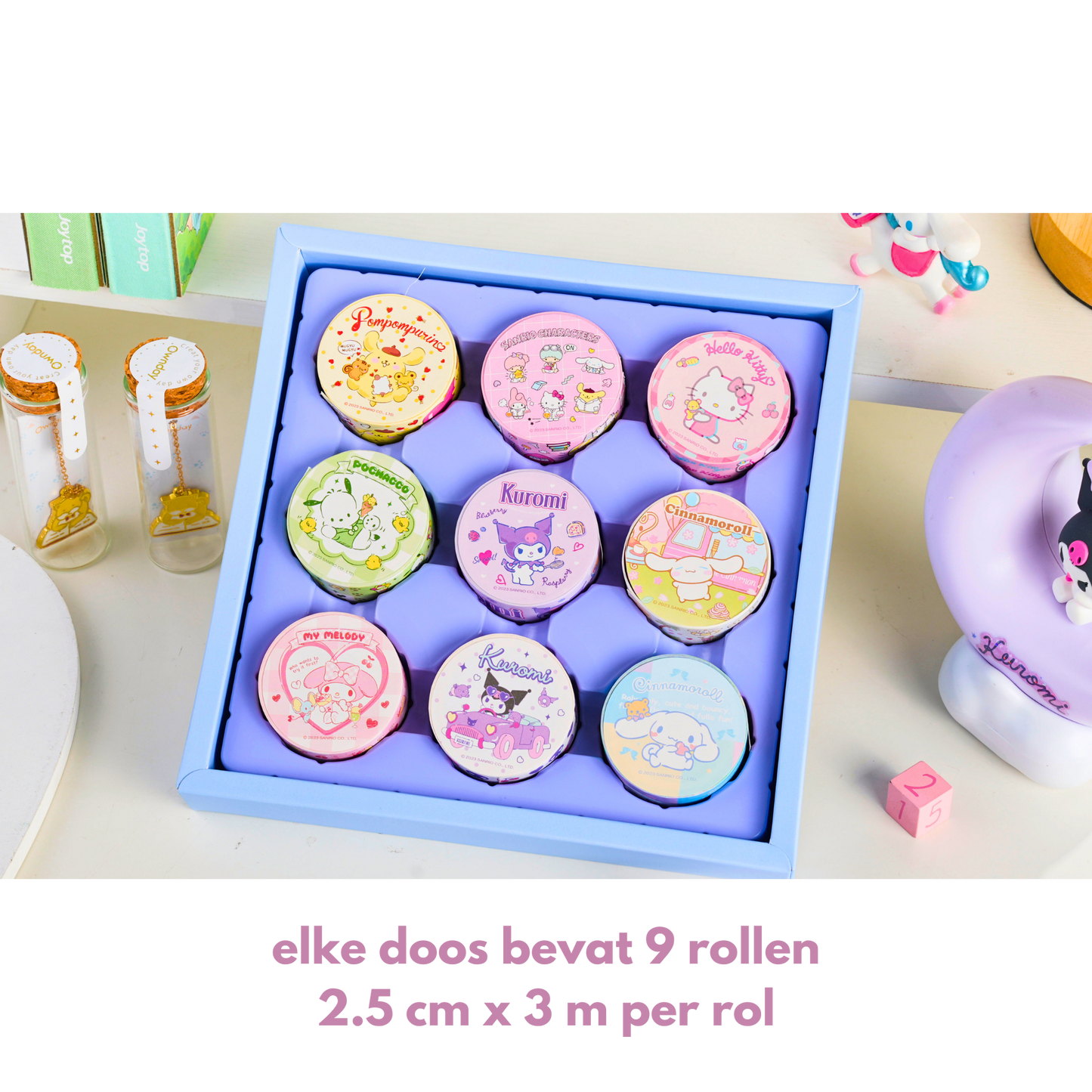 Sanrio - Washi Tape Cadeauset (Roze)– 9 Rollen – Youth Academy - Hello Kitty, Kuromi, My Melody, Cinnamoroll, Pompompurin, Pochacco, Little Twin Stars, Officiële Gelicenseerde Set – Perfect voor Journaling & Knutselen