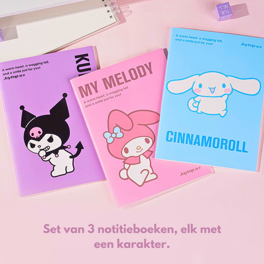 Sanrio - Officieel Gelicentieerd Sanrio – Simple Line Series - Set van 3 stuks B5 Gelijnde Notitieboeken met My Melody, Kuromi en Cinnamoroll, Schattig, Met Stiksels, Perfect Voor Notities