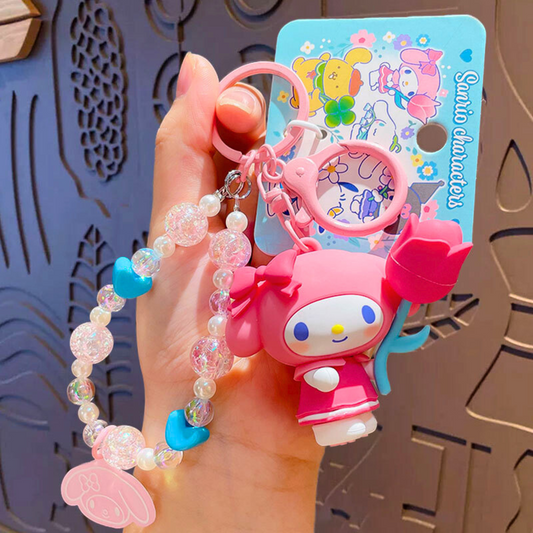 Sanrio - My Melody - Sleutelhanger – Tranquil Floral Serie – Schattig Sleutelaccessoire met Parelmoer Kralen – 7 cm – Perfect voor Tassen, Autosleutels & Cadeaus voor Kawaii Liefhebbers