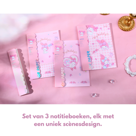 Sanrio - B5 'Mooie Momenten' Notitieboek Set – 3 Stuks – Officieel Gelicentieerd – My Melody - Gelijmde Binding | Schattig Tijdschriftstijl Journal