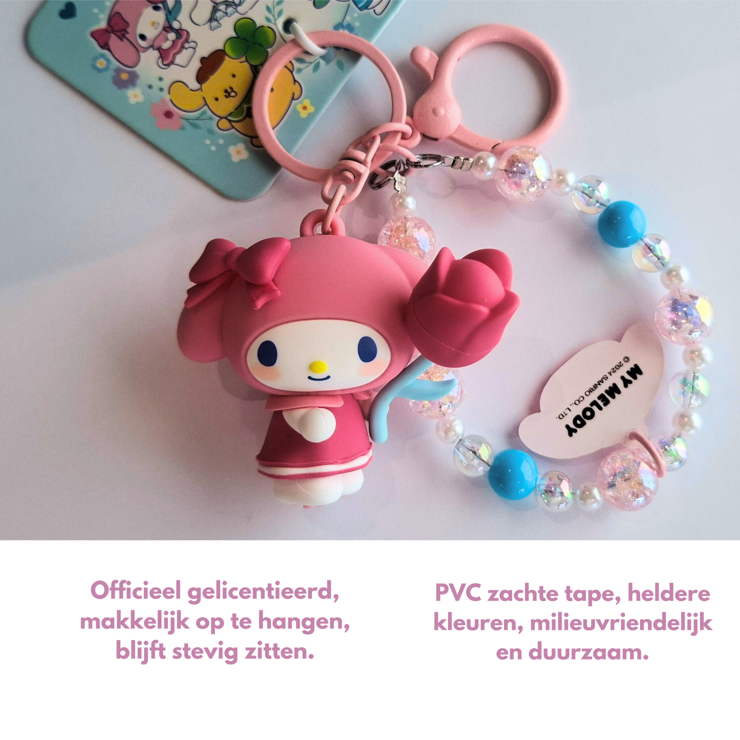 Sanrio - My Melody - Sleutelhanger – Tranquil Floral Serie – Schattig Sleutelaccessoire met Parelmoer Kralen – 7 cm – Perfect voor Tassen, Autosleutels & Cadeaus voor Kawaii Liefhebbers