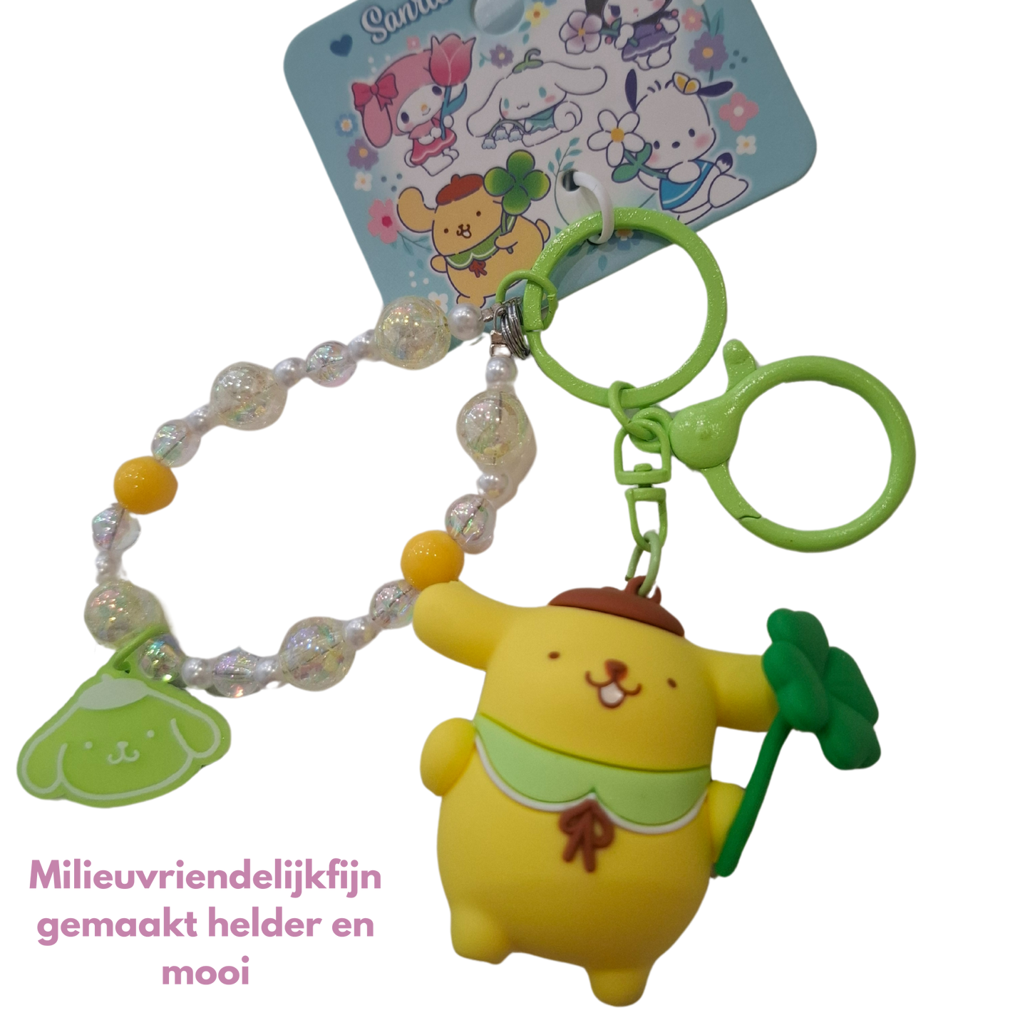 Sanrio - Pompompurin - Sleutelhanger – Tranquil Floral Serie – Schattig Sleutelaccessoire met Kralenarmband – 7 cm – Perfect voor Tassen, Autosleutels & Cadeaus voor Kawaii Liefhebbers