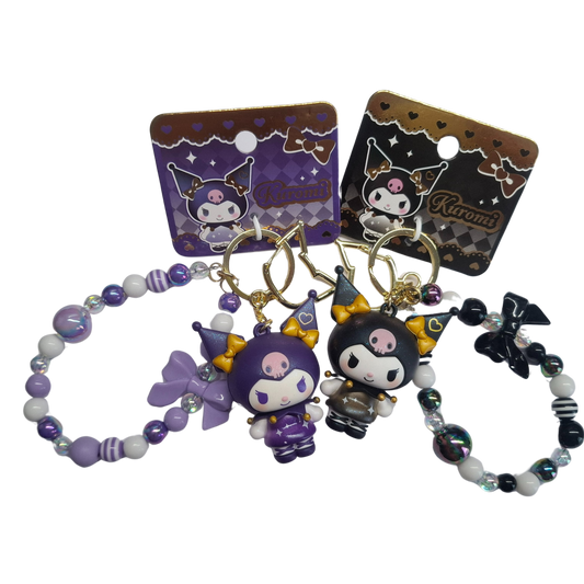 Sanrio Kuromi Dubbele Sleutelhanger Set – Paars & Zwart – Shiny Star Serie – Luxe Cadeauset met 2 Sleutelhangers & Kralenarmbanden – Voor Vriendinnen & Collectors